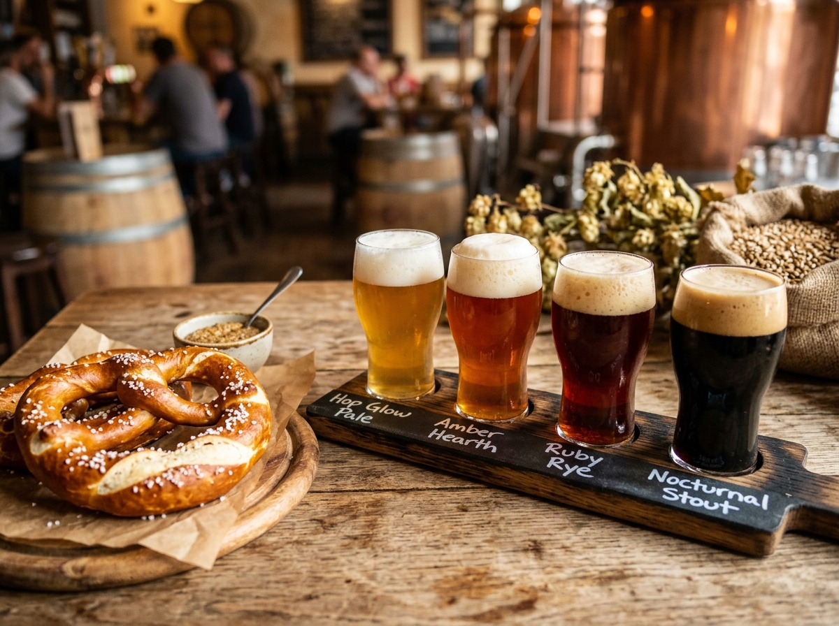 Craft beer flight and giant Bavarian pretzel
