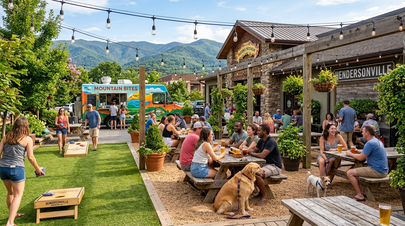 Outdoor beer garden patio with picnic tables, cornhole, and food truck